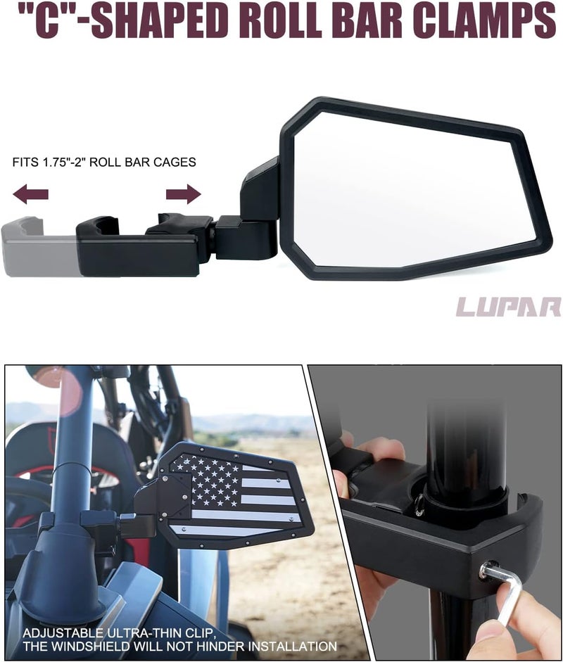 Lupar Aluminum UTV Side Mirrors Fits 1.75"-2" Roll Cage Bar America USA Flag Pattern Side Rear View Mirror for Polaris RZR XP Turbo Can-Am Maverick X3 Yamaha Talon Kawasaki Pioneer - Image 3